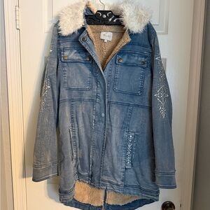MISS ME Women's Blue Denim Jacket with Faux Fur Collar